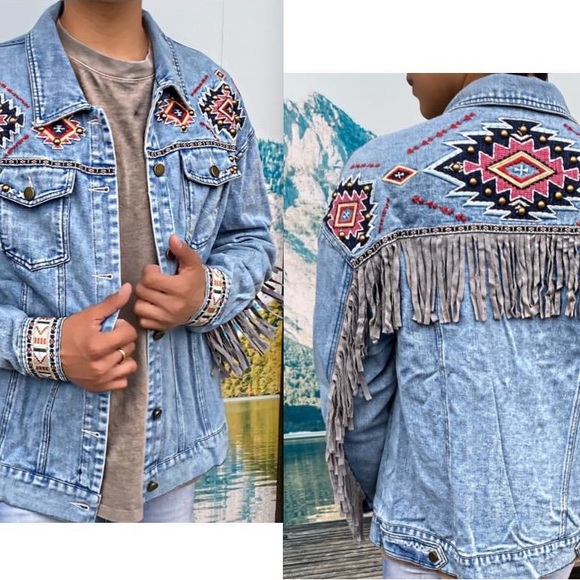 Aztec Denim Jacket W/Fringe - Picture 1 of 3
